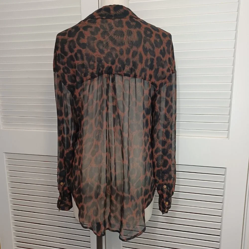 Free People Blouse Easy Rider Black Brown Leopard Print Chiffon Shirt Size Small